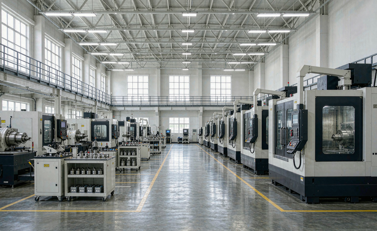 Rows of CNC machining centres and tooling carts on a shop floor